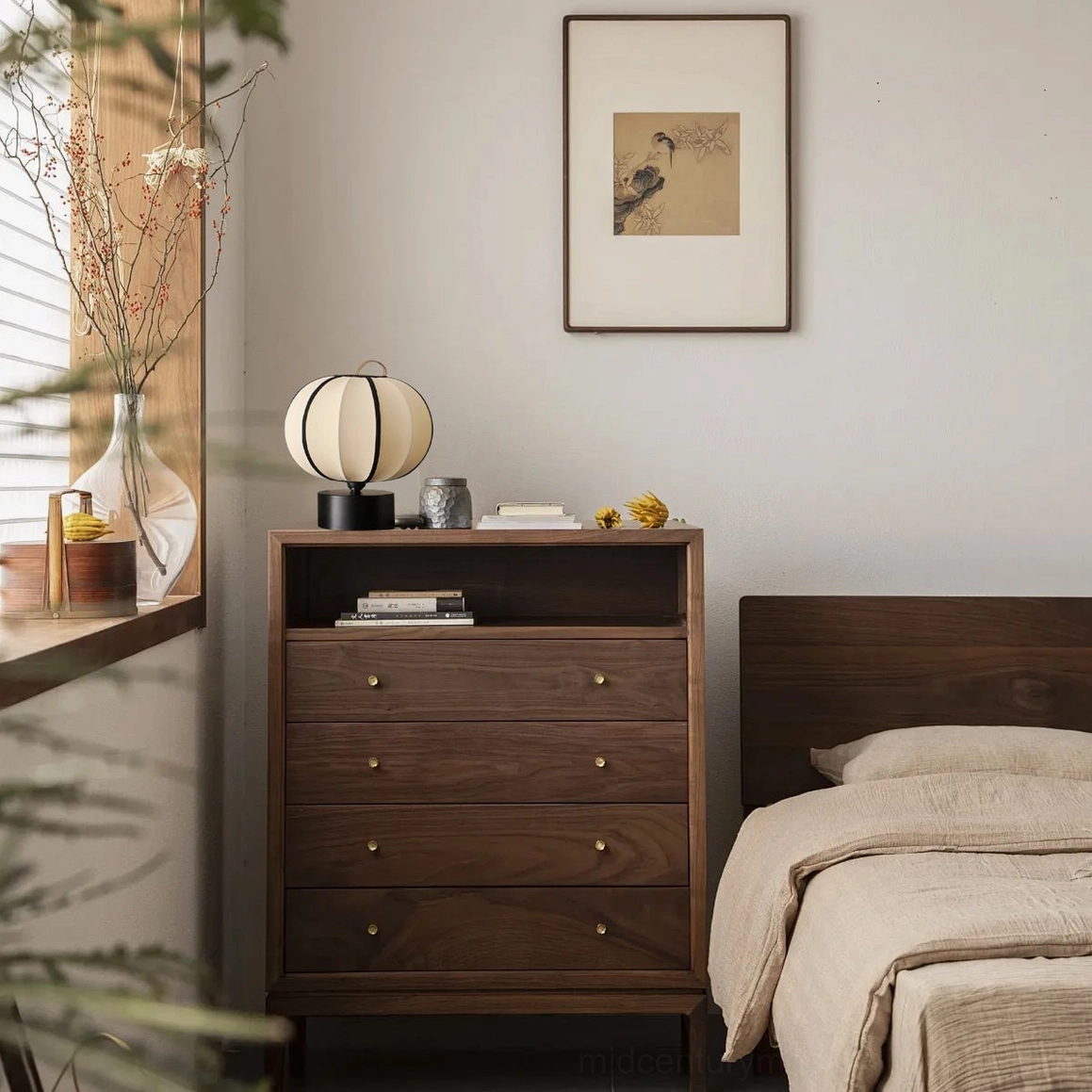 Ellos fabric table lamp in bedroom vanity area with minimalist wabi-sabi home décor