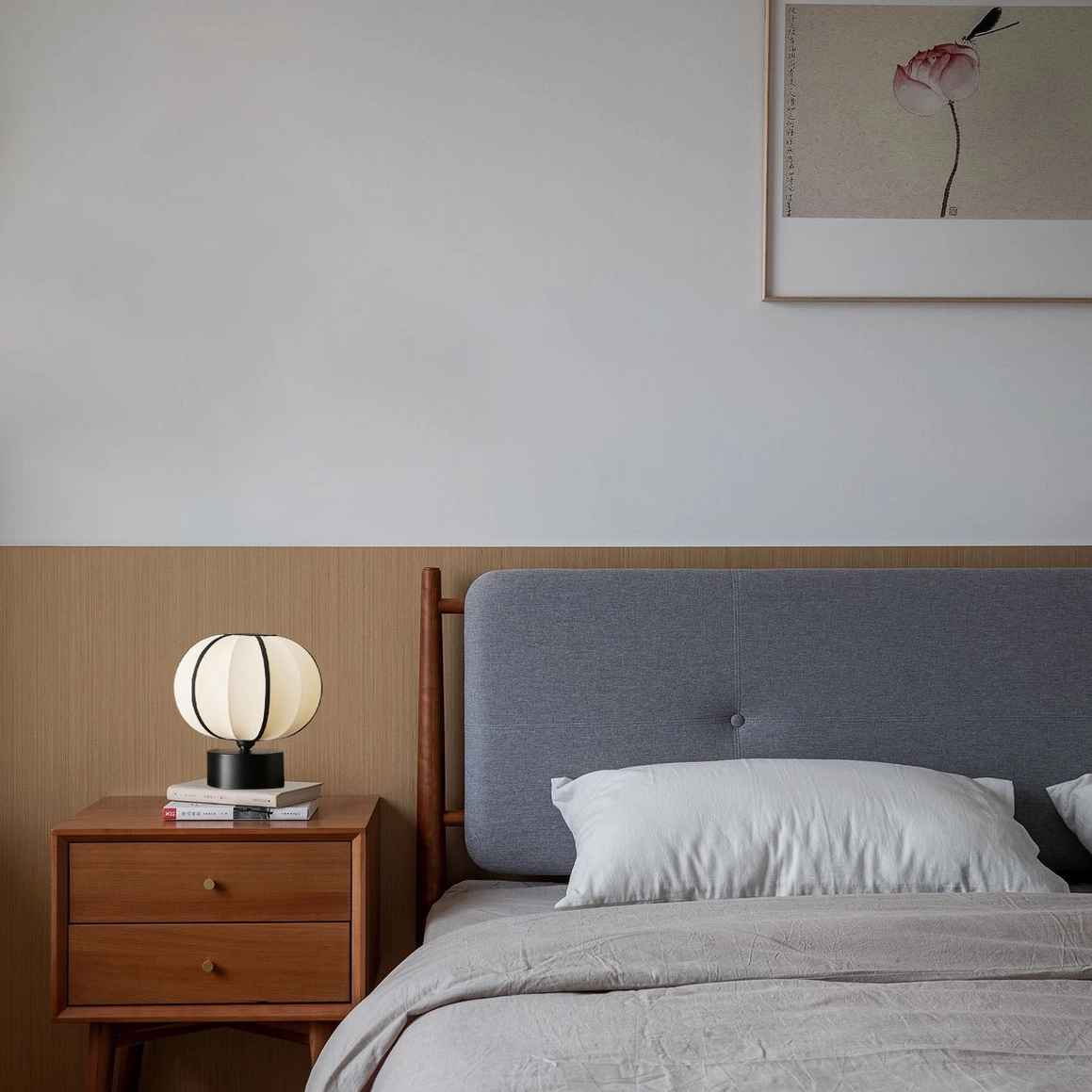 Ellos mid-century modern fabric shade table lamp three-quarter angle view