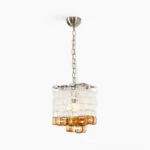 Elodie Murano glass chandelier with clear and amber glass blocks in cube formation, studio front view with silver metal hardware and adjustable chain