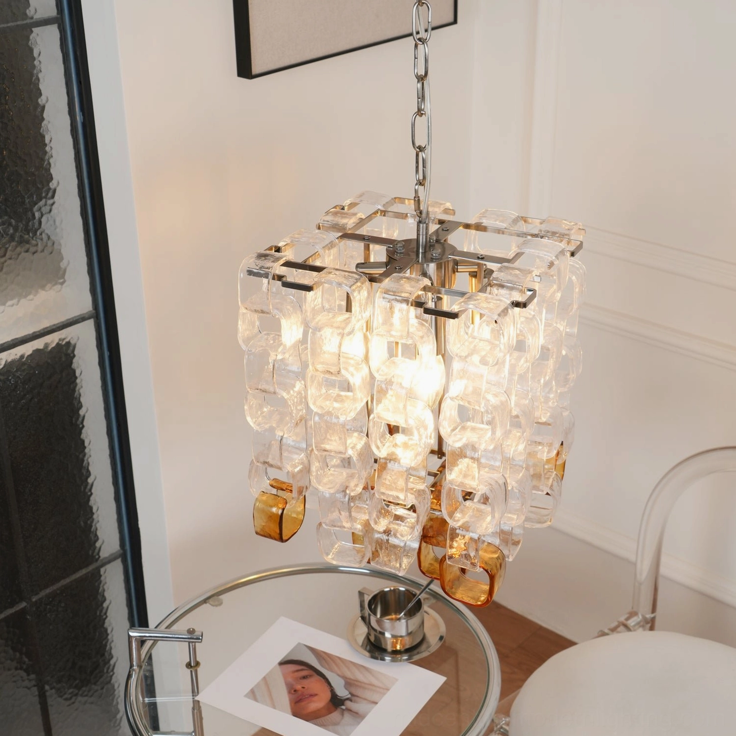 Elodie Murano glass cube chandelier full product shot, clear and amber glass configuration with metal chain and ceiling mount