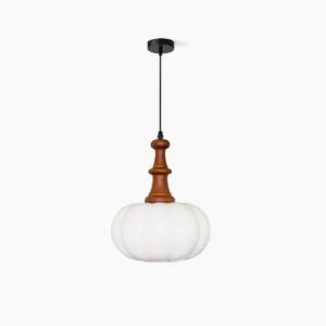 Eloise mid-century modern pumpkin pendant lamp studio view with ribbed milk glass shade and wooden stem