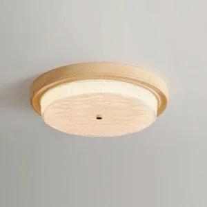 Elora warm wood ceiling lamp layered construction side profile detail showing metal frame and glass diffuser