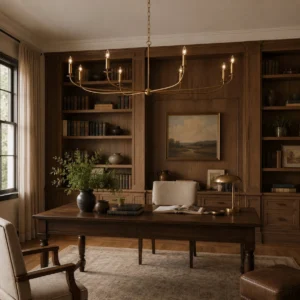 Emaani Candle Chandelier suspended in vintage wood-paneled study room, warm brass finish overhead lighting