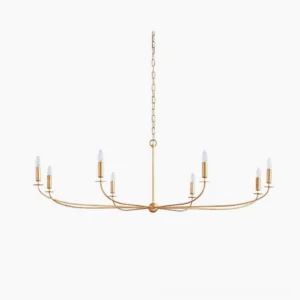Emaani Candle Chandelier with 10 brass candle-style arms in Old Brass finish, front view on white background