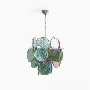 Emerald disc chandelier frontal view handcrafted Murano glass mid-century modern lighting fixture