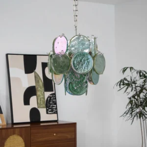 Green-purple iridescent disc chandelier three-quarter side view mid-century modern interior design
