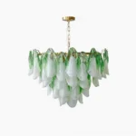 Foliage glass chandelier with emerald green and white opaline gradient petals, overhead studio view