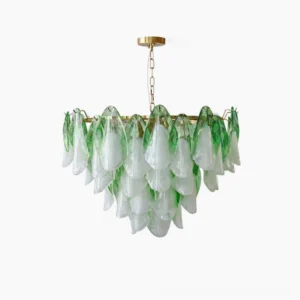 Foliage glass chandelier with emerald green and white opaline gradient petals, overhead studio view
