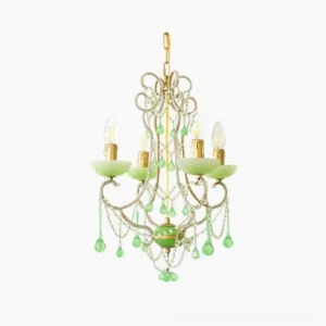 Emerald green Murano glass chandelier with four hanging glass drops and gold metal frame, front view on white background