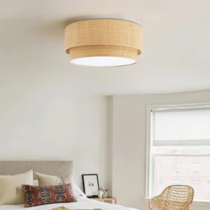 Emiko natural raffia ceiling lamp installed in bedroom ceiling view showing warm diffused lighting
