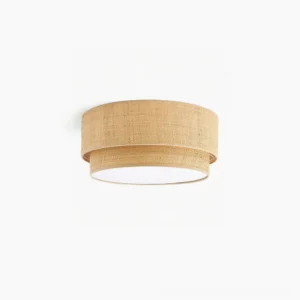 Emiko handwoven raffia flush mount ceiling light with two-tier natural woven shade on white background