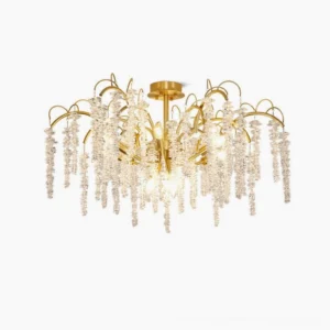 Emily Branch crystal chandelier front view with lit candle bulbs, showing brass frame and cascading crystal drops