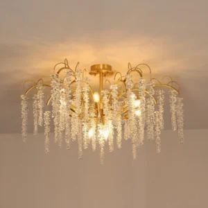 Illuminated Emily Branch ceiling lamp three-quarter angle highlighting curved gold arms and faceted crystal elements