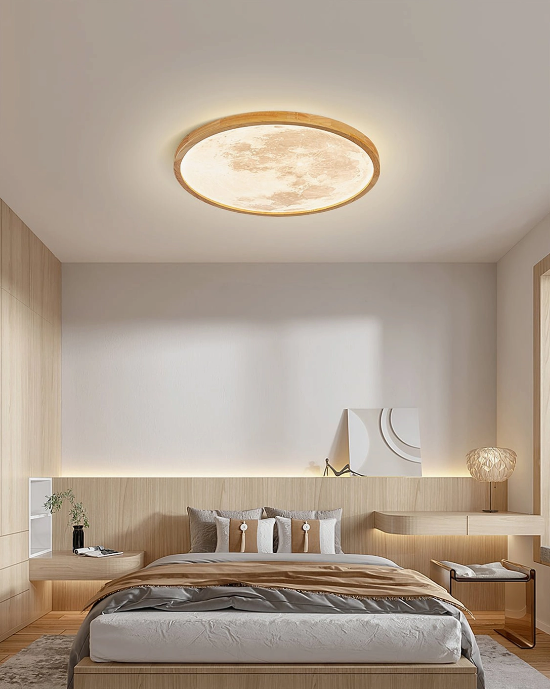 Emiva LED ceiling fixture in minimalist wood-accented bedroom showing soft warm glow and ambient lighting