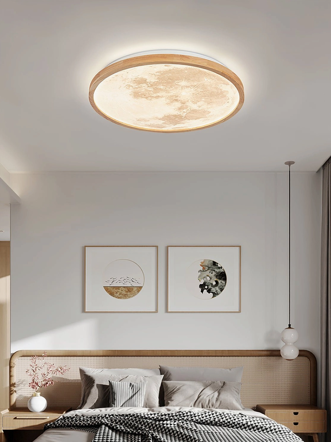 Nordic minimalist bedroom with Emiva LED ceiling light creating soft ambient atmosphere