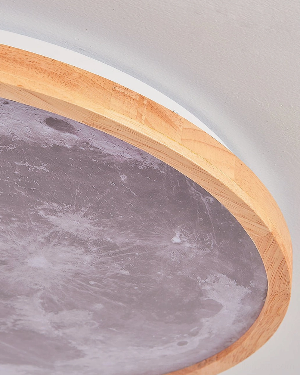 Emiva modern ceiling fixture detailed view showing rubber wood construction and integrated LED technology