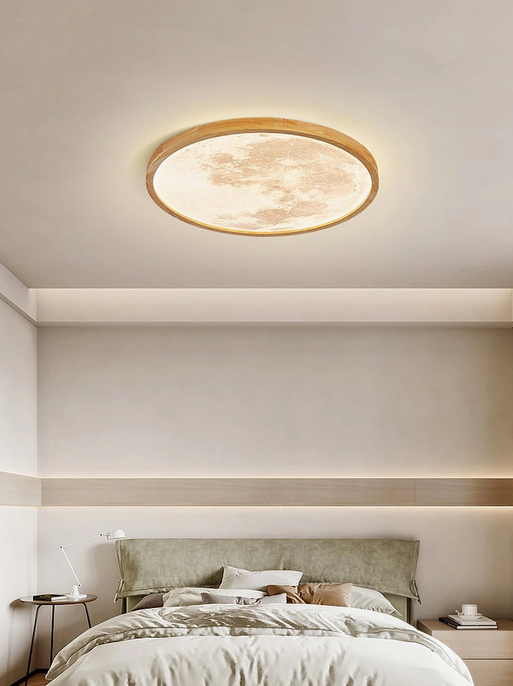 Master bedroom with Emiva ceiling lamp complementing warm tones fabric bed and nightstands