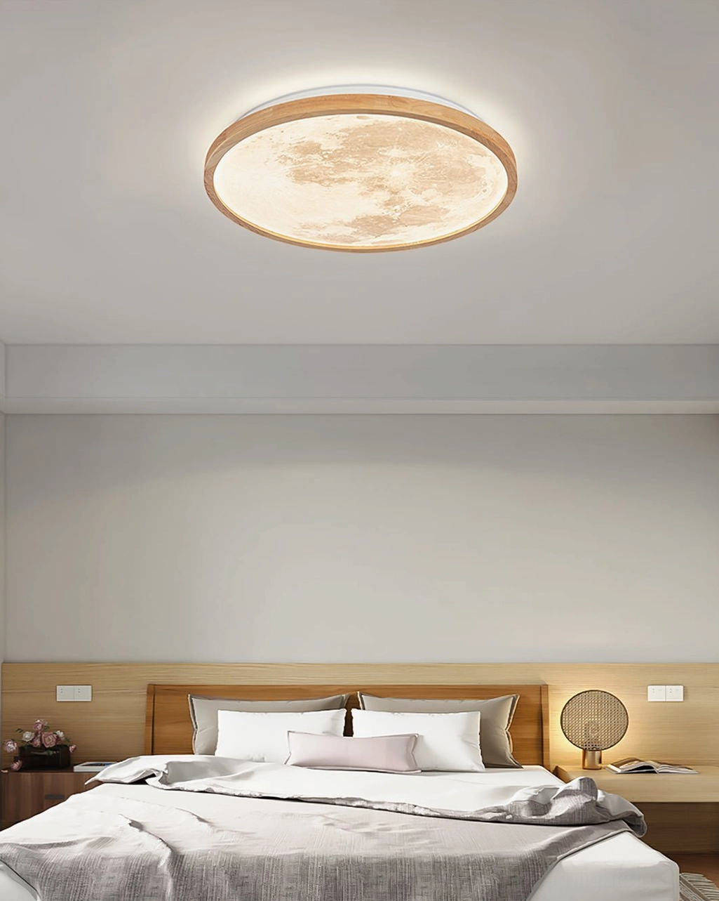 Simple neutral modern bedroom featuring Emiva round LED ceiling lamp with clean minimalist design