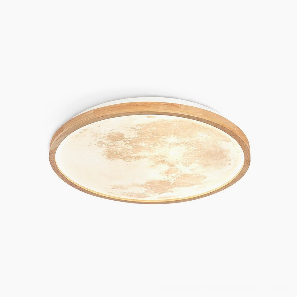 Emiva modern round LED ceiling lamp flat overhead view showcasing circular wooden frame design with white acrylic diffuser