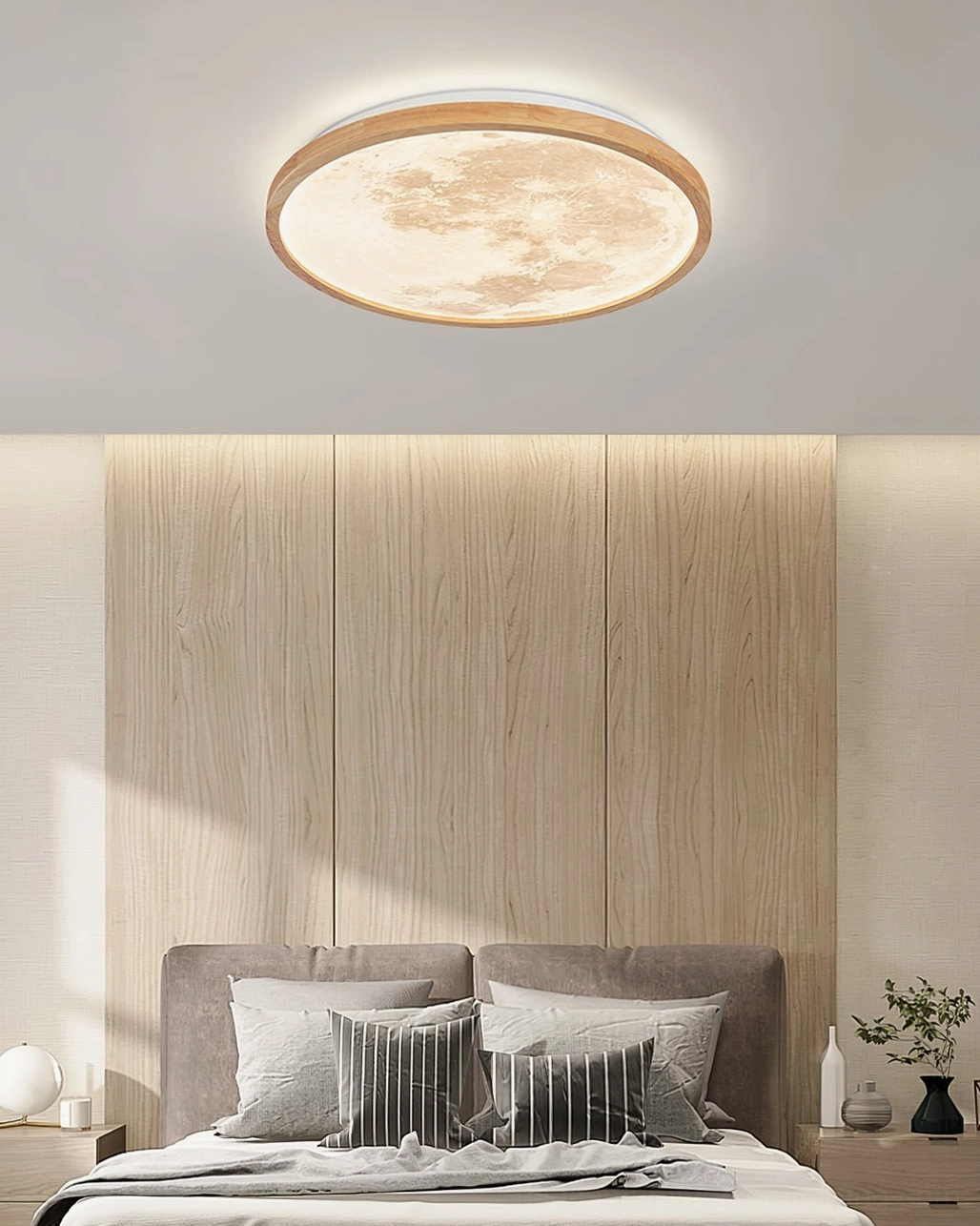 Modern wood-toned bedroom with Emiva LED ceiling lamp providing homogeneous warm illumination
