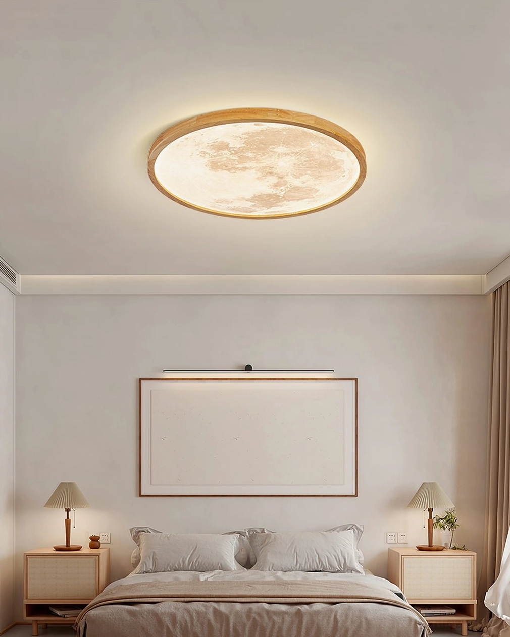 Emiva ceiling lamp in minimalist bedroom interior with wall art and contemporary low-angle view