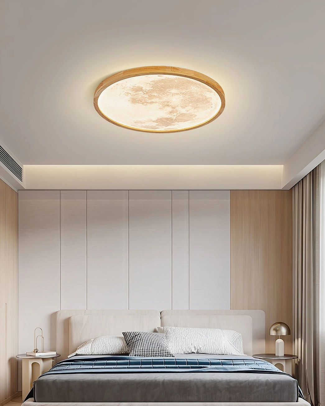 Emiva ceiling lamp installed in Japanese minimalist bedroom with warm wood tones and serene ambiance