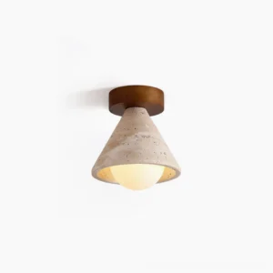 Emmet travertine ceiling light front view with white background showcasing conical shade design