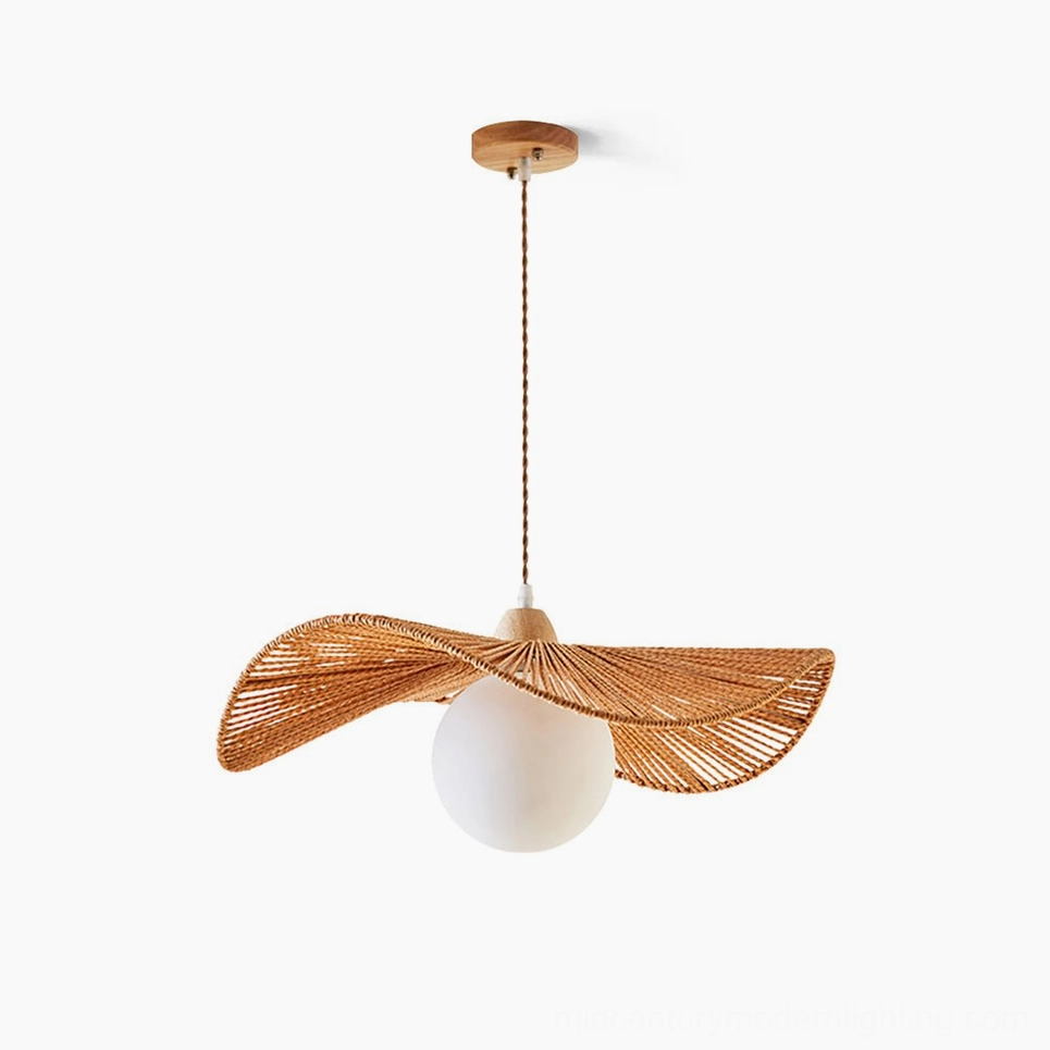 Emmi handwoven rope pendant lamp with natural hemp shade viewed from above on white background, showcasing radial woven texture