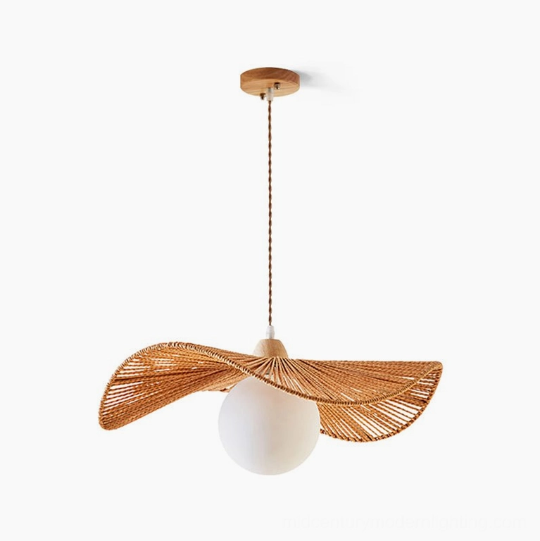 Small Emmi rope pendant lamp 30cm diameter with brown hemp rope and wood accents perfect for compact spaces