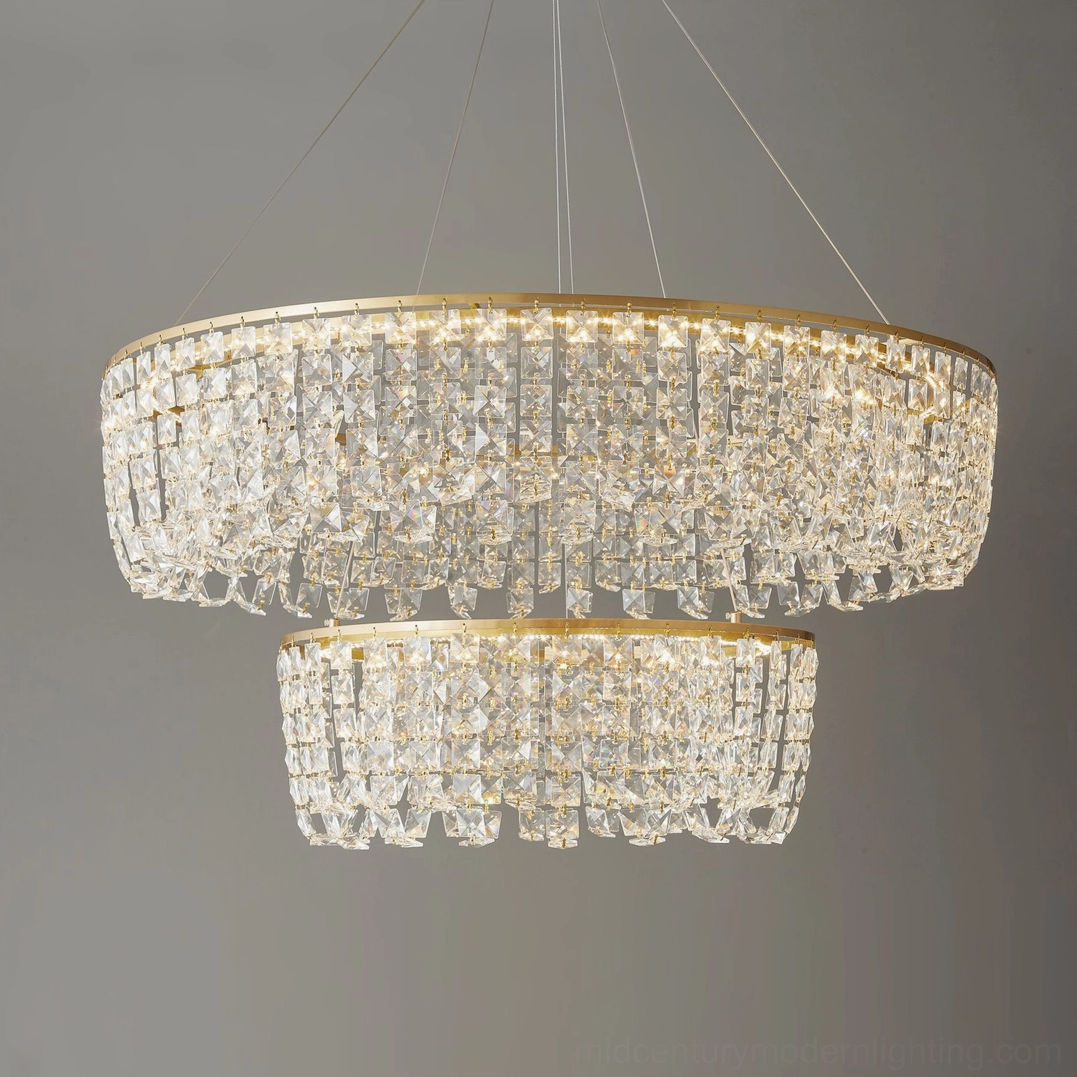 Complete Emory brass chandelier product photography on neutral background studio setting