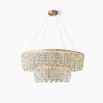 Emory brass crystal chandelier two-tier design front view with clear faceted crystals and brushed brass frame