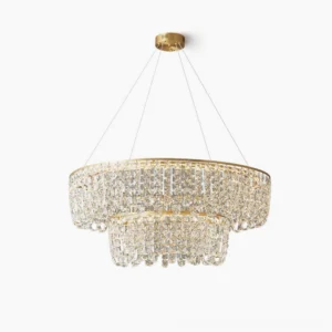 Emory brass crystal chandelier two-tier design front view with clear faceted crystals and brushed brass frame