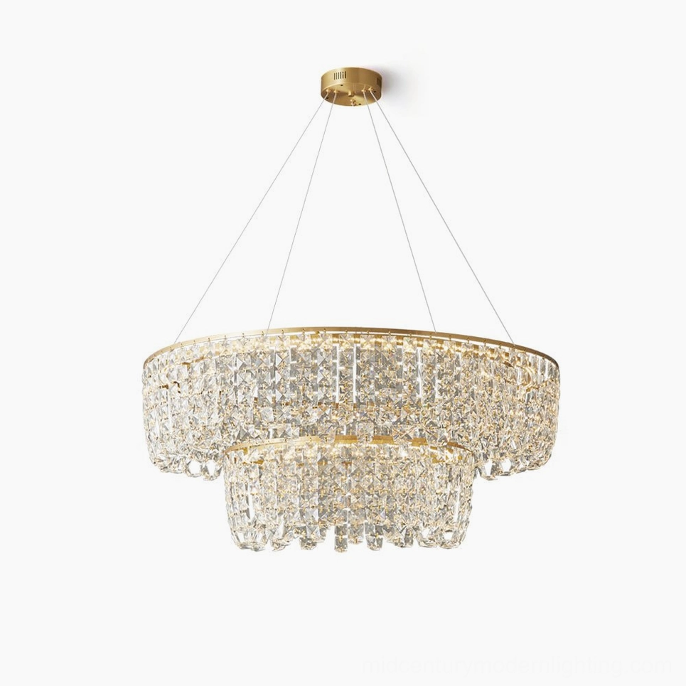 Emory brass crystal chandelier two-tier design front view with clear faceted crystals and brushed brass frame