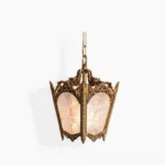 Empire antique brass lantern pendant light with opaque ice glass shade, frontal studio view
