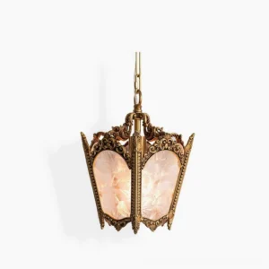 Empire antique brass lantern pendant light with opaque ice glass shade, frontal studio view