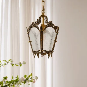 Vintage Empire pendant lantern lamp with aged bronze frame and textured glass, overhead hanging view