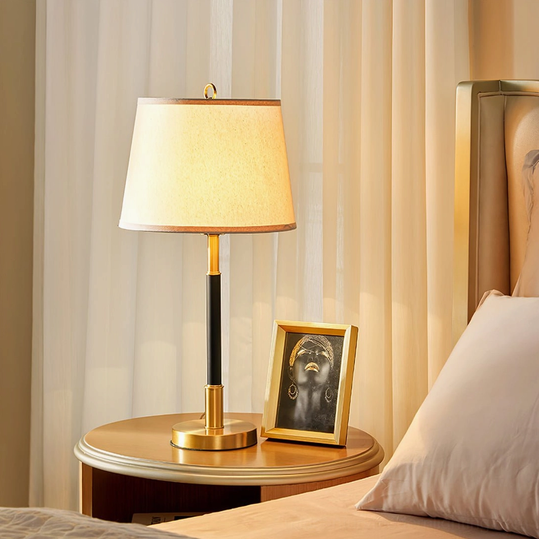Empire Mid-Century Modern Table Lamp with fabric shade and brass metal construction detail