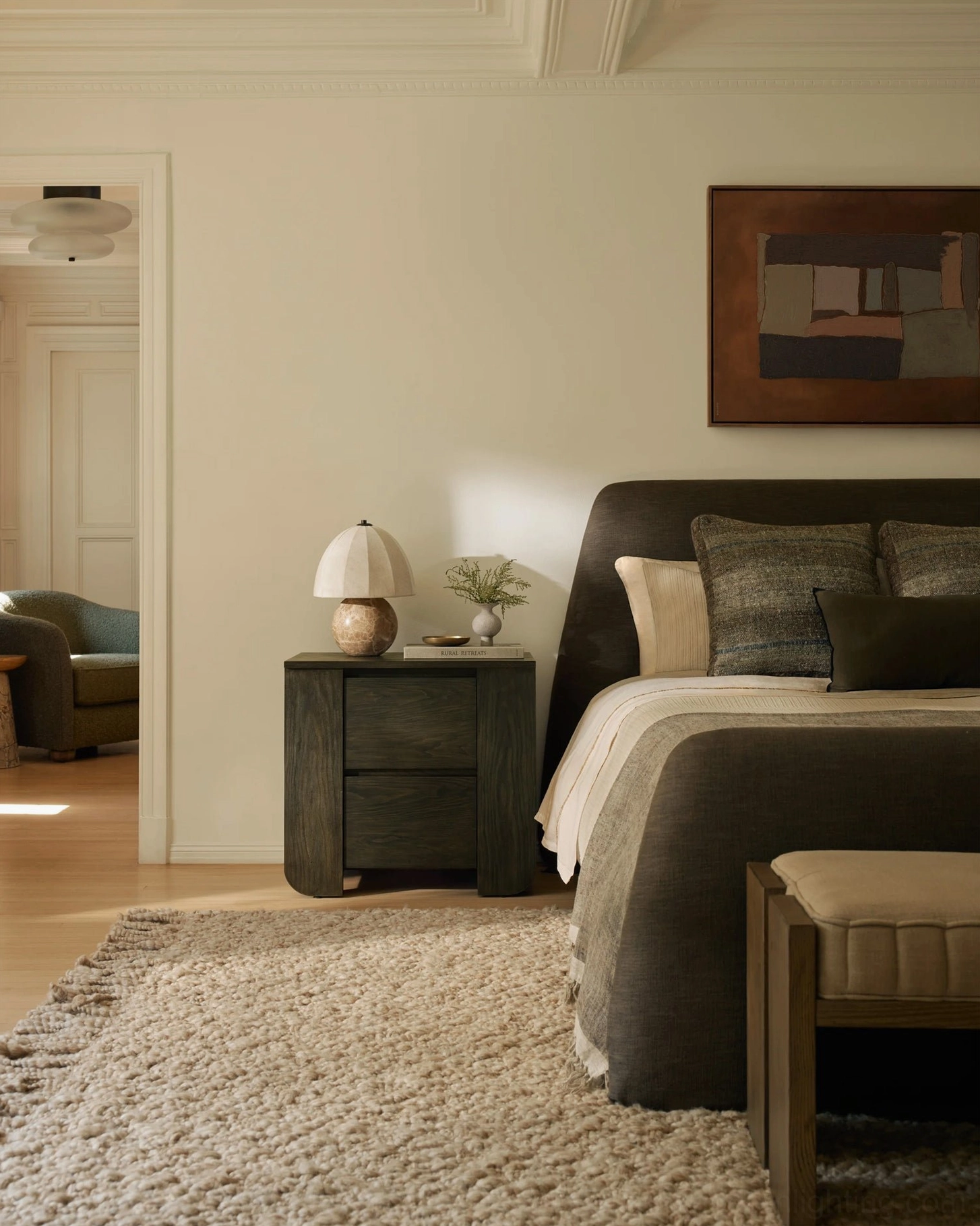 Enora marble lamp in master bedroom interior design, mid-century modern rustic ambiance