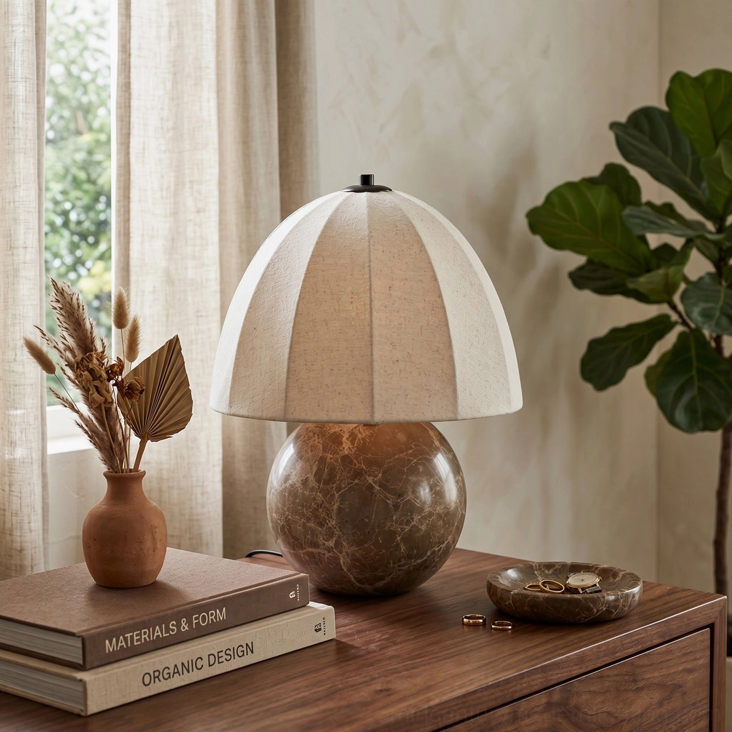 Enora mid-century modern table lamp with spherical marble base, full product view on neutral background