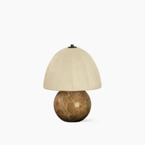 Enora organic modern table lamp with spherical natural marble base and pleated beige linen shade, studio frontal view