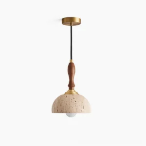 Enora travertine pendant light with hand-turned walnut wood stem and natural beige honed travertine dome shade, front studio view