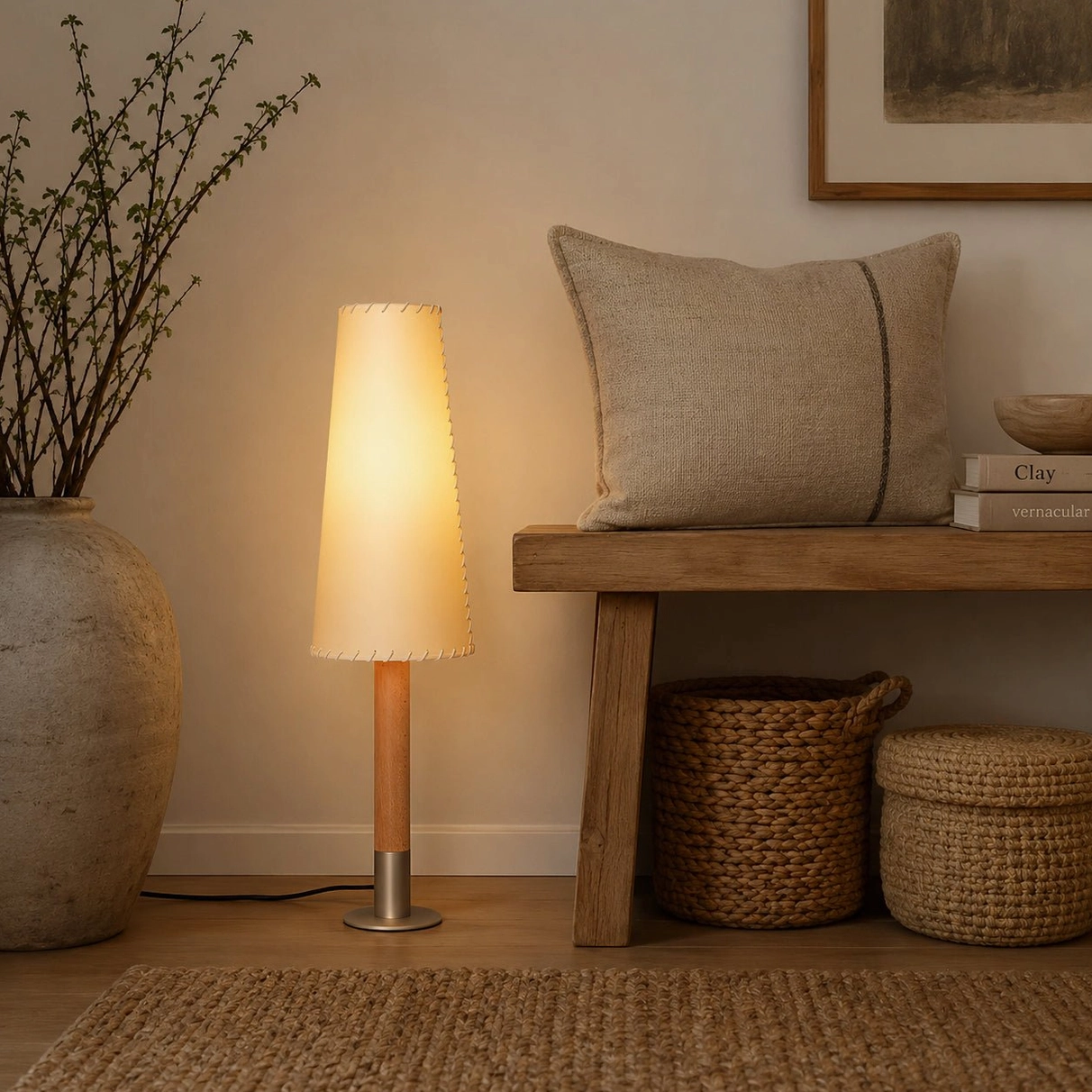 Natural wood floor lamp in scandinavian-style entryway with woven storage and ceramic decor