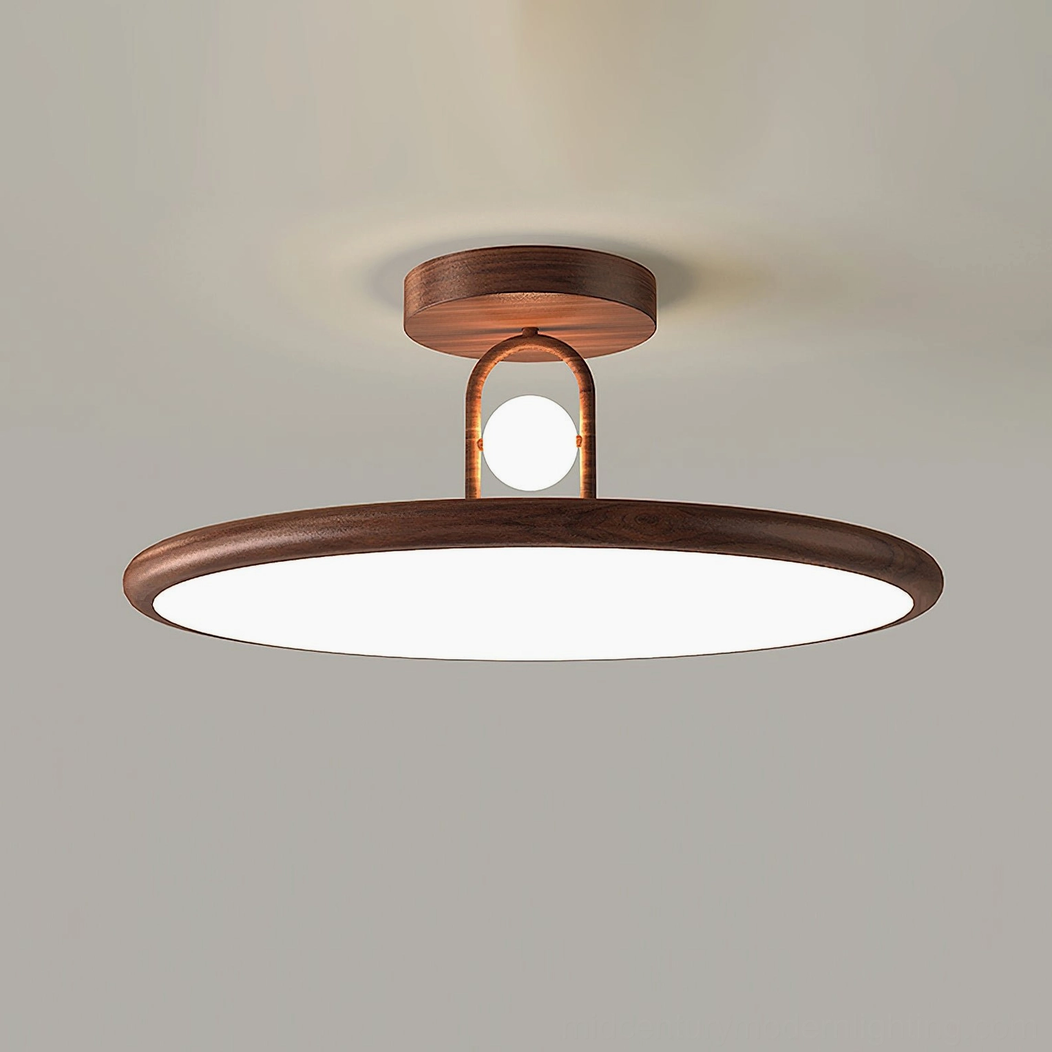 Large Envostar ceiling lamp in walnut finish with frosted acrylic diffuser showing full product design overhead view