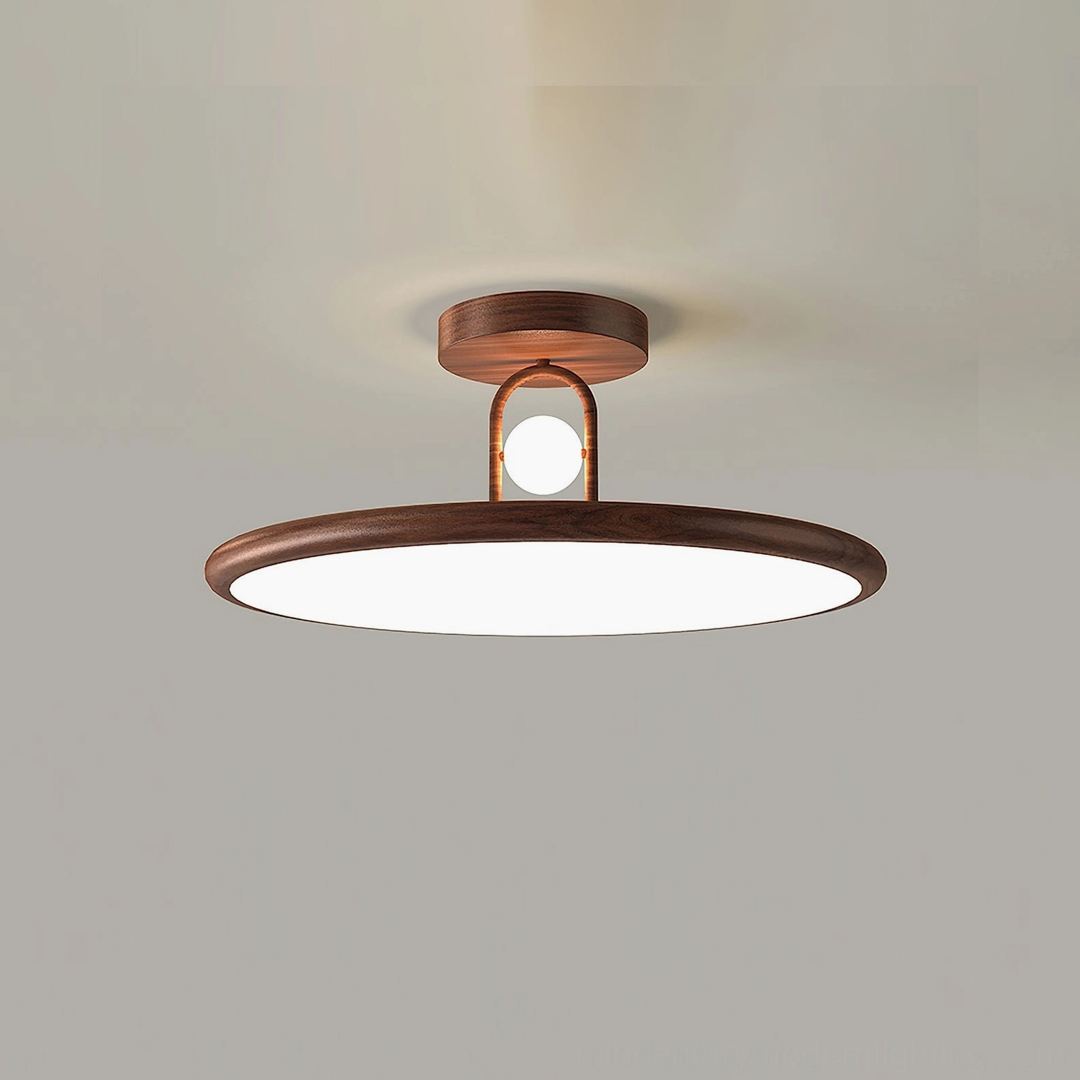 Small Envostar ceiling lamp in walnut color installed in bedroom showing size and warm ambient lighting effect