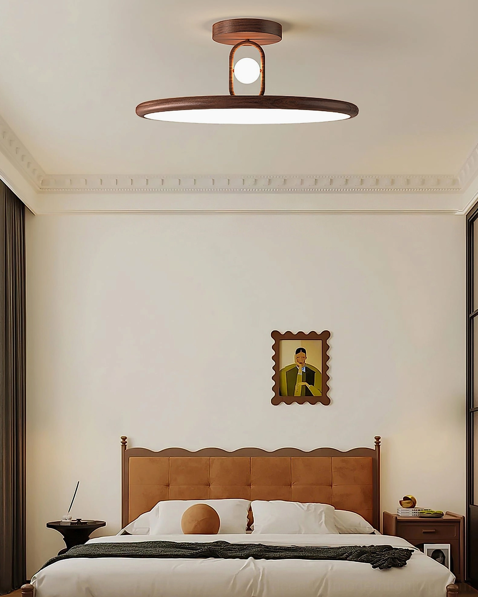 Vintage master bedroom with walnut Envostar ceiling lamp overhead providing warm ambient lighting