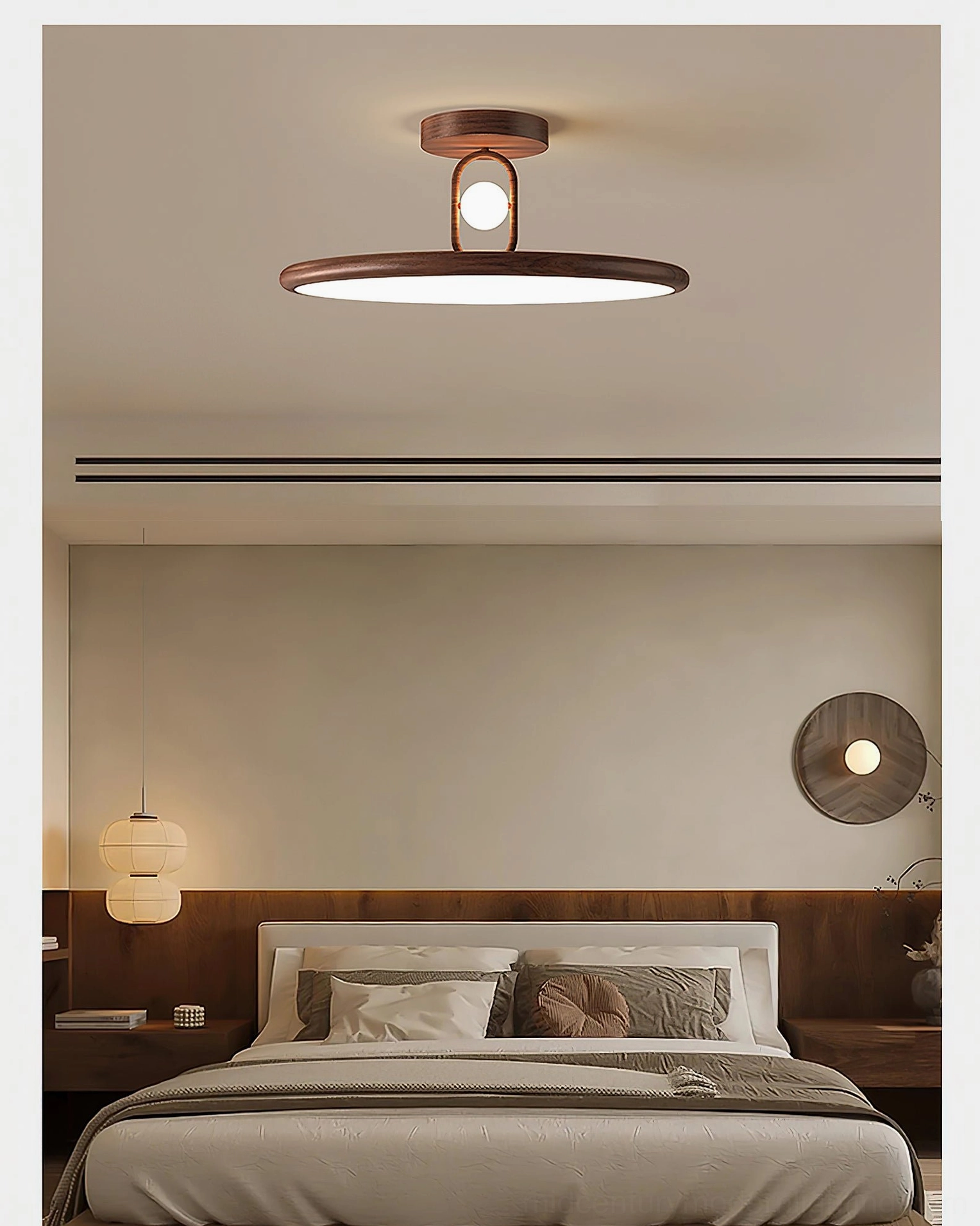Warm wooden bedroom featuring walnut Envostar ceiling lamp creating retro minimalist lighting atmosphere