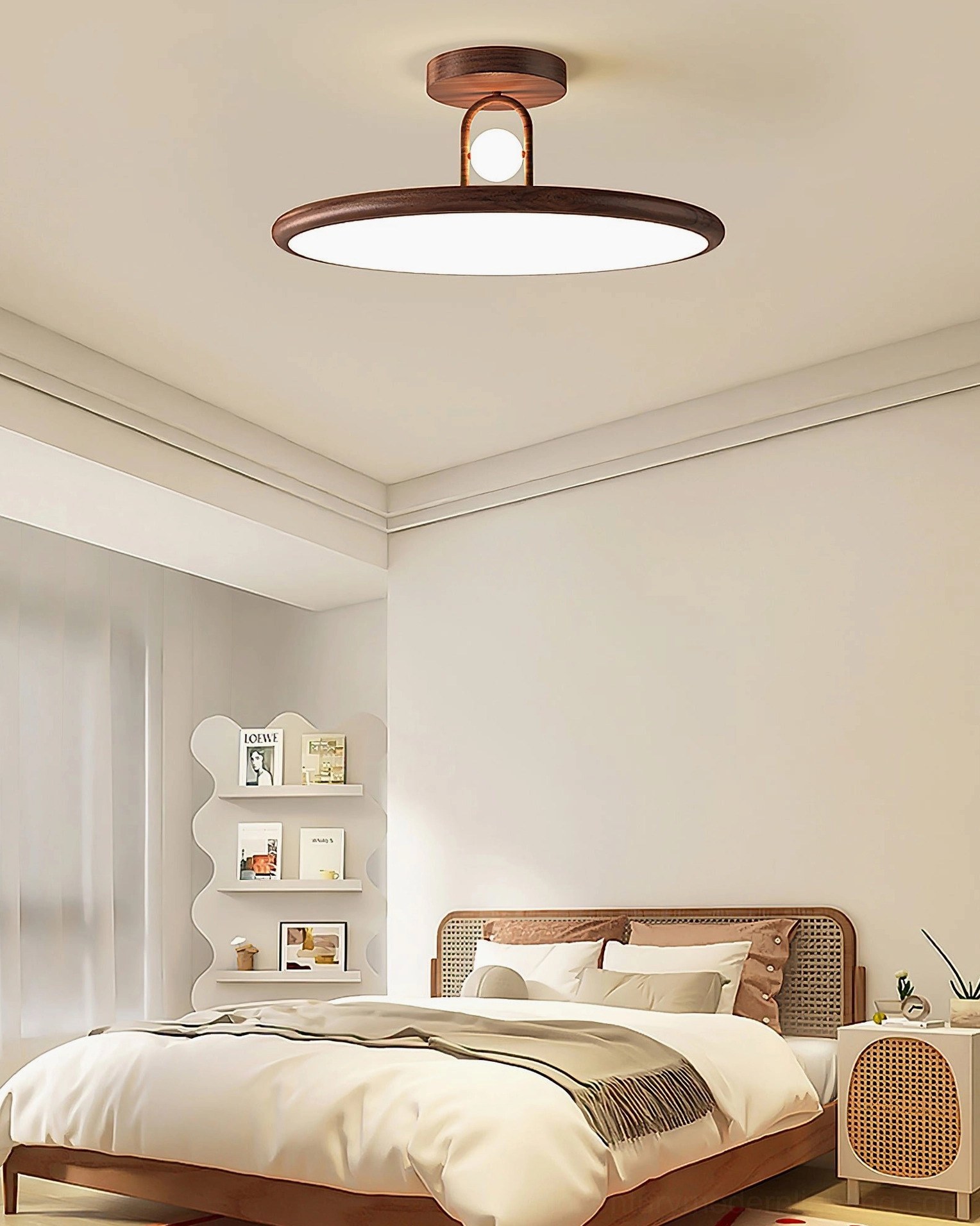 Modern wooden bedroom featuring walnut Envostar flush mount ceiling light with minimalist aesthetic