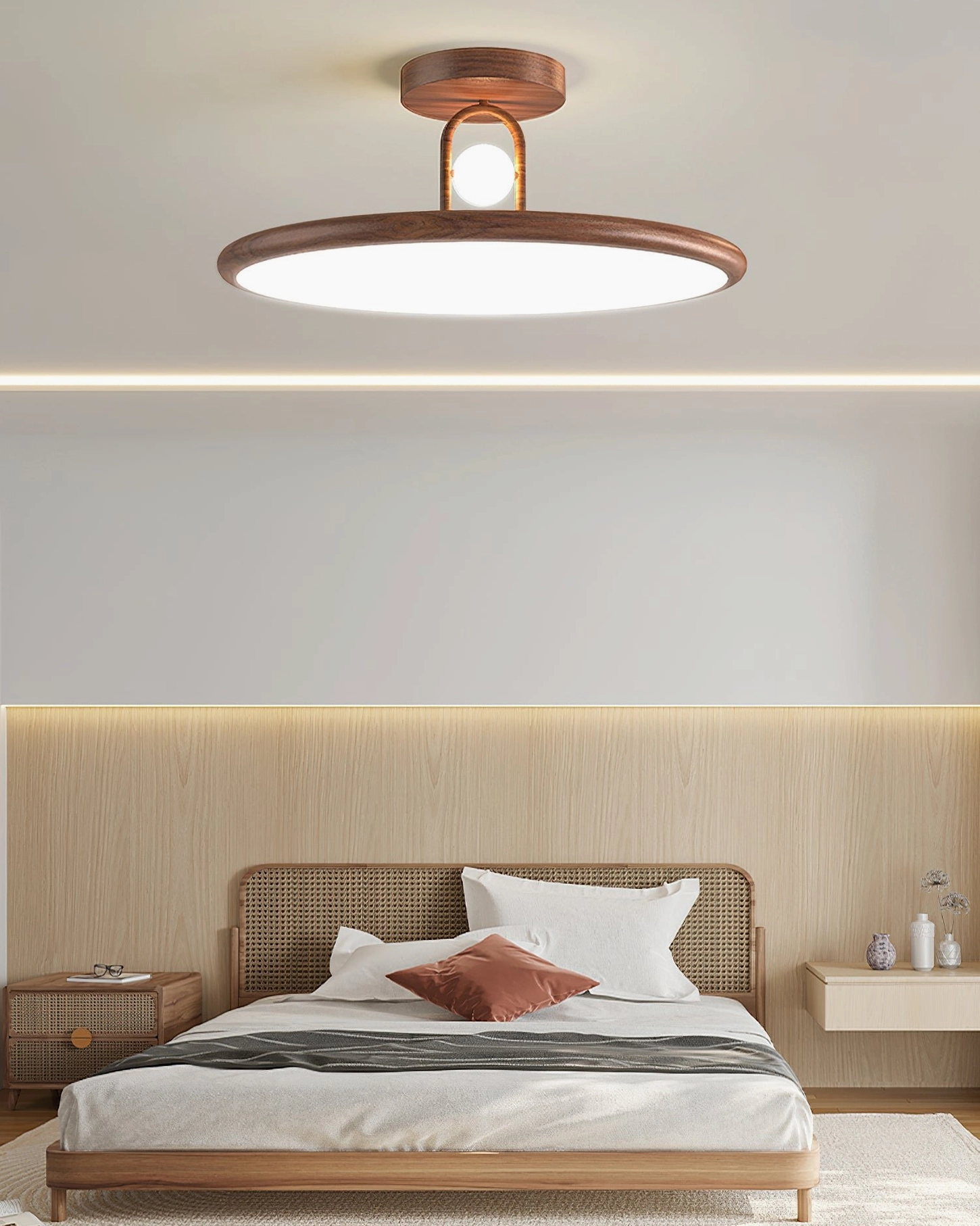 Japanese wabi-sabi inspired bedroom with walnut Envostar ceiling light providing warm zen ambiance