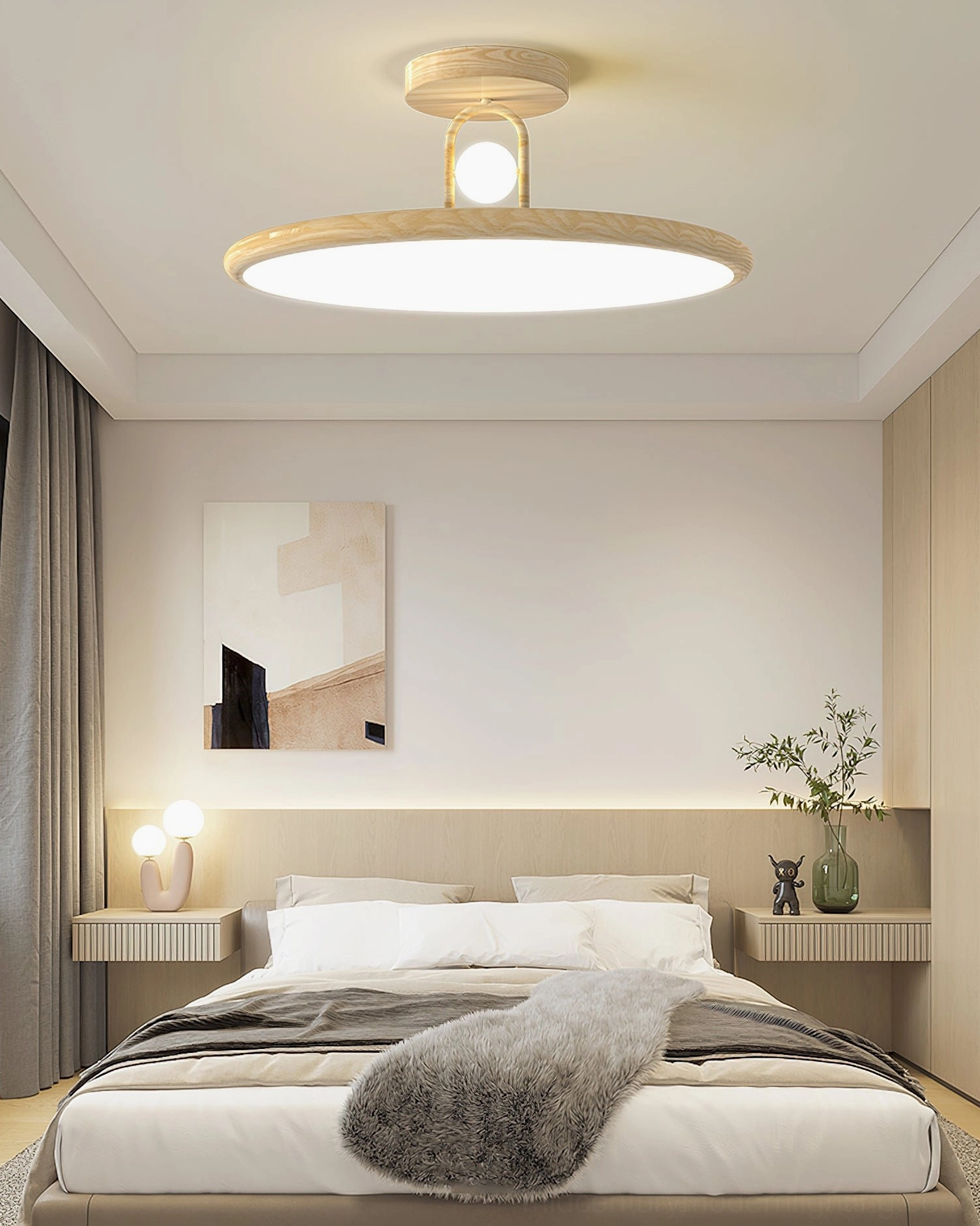 Contemporary master bedroom with light wood Envostar ceiling lamp overhead in warm neutral minimalist setting