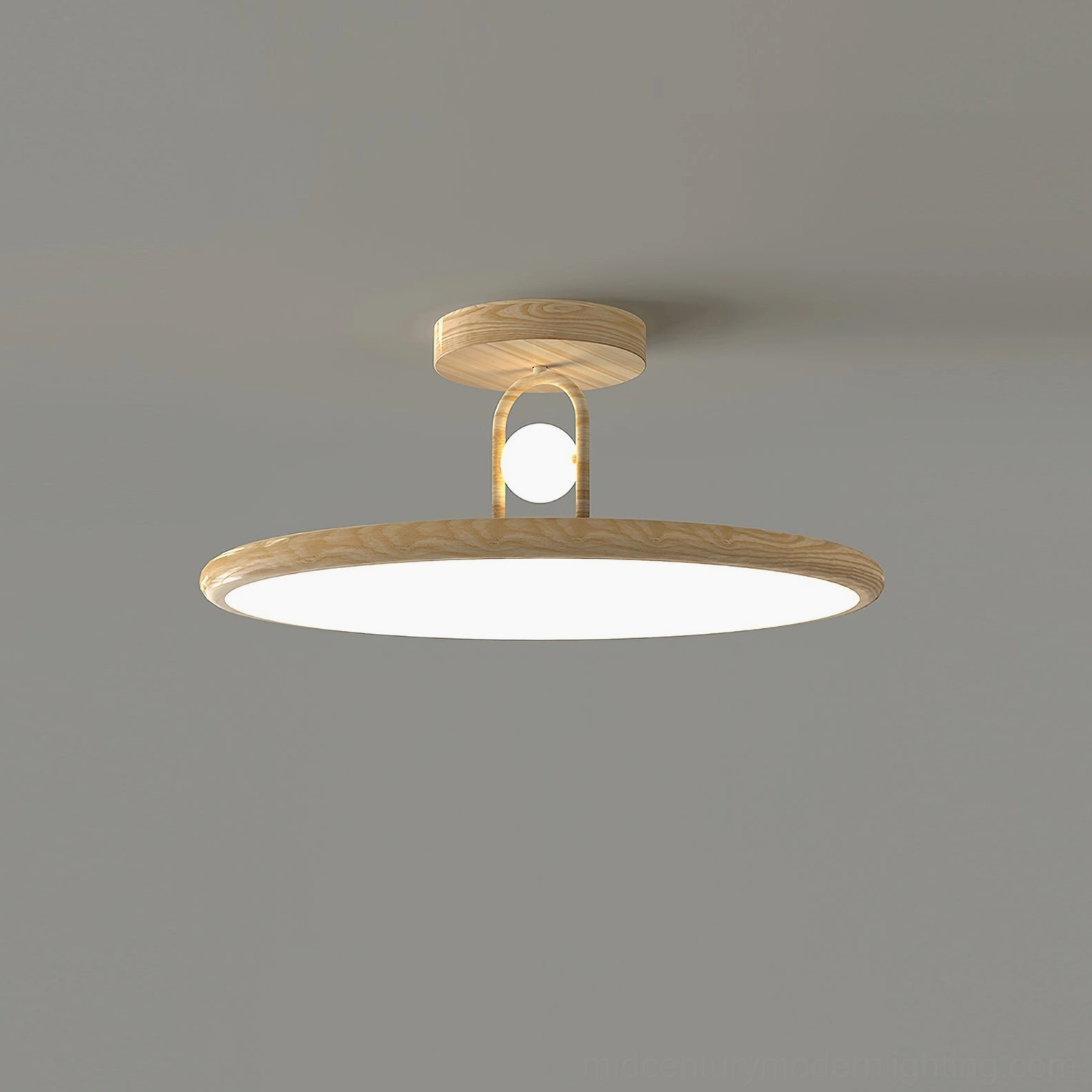 Light wood finish Envostar ceiling light in bedroom demonstrating warm minimalist interior design integration